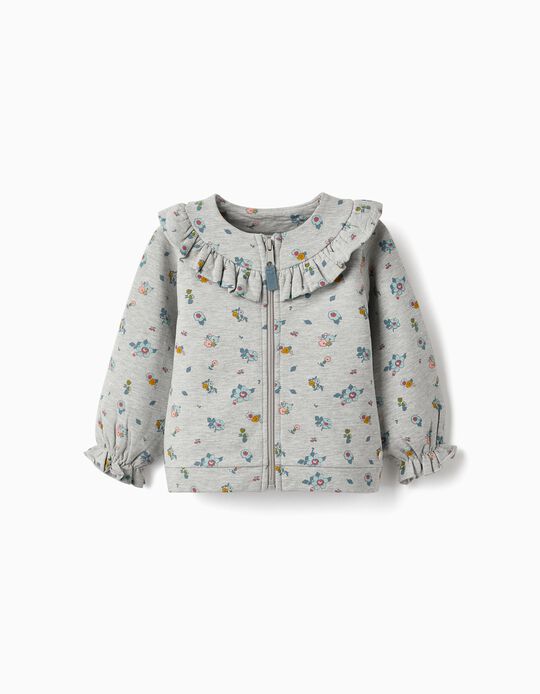 Hooded Jacket with Zip and Ruffle for Baby Girls 'Floral', Light Grey