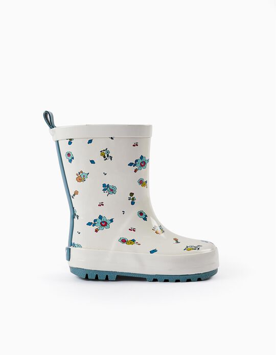 Floral Rubber Rain Boots for Baby Girls 'ZY', White/Blue