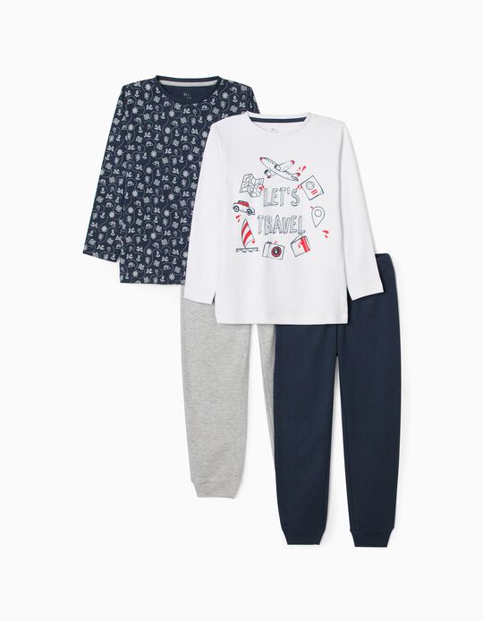 2 Pyjamas for Boys 'Let's Travel', Blue/Grey/White