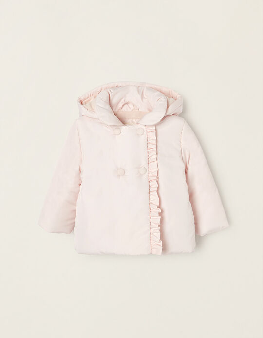 Quilted Jacket with Removable Hood for Newborn Baby Girls, Pink