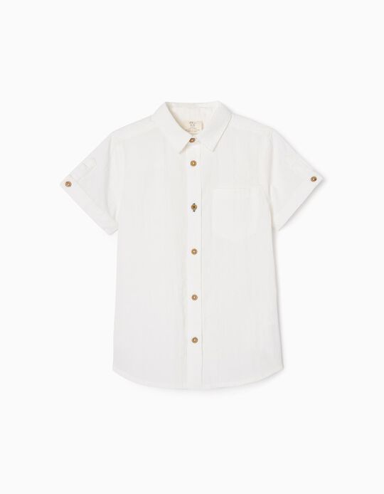 Camisa de Manga Curta com Textura em Algodão para Menino, Branco