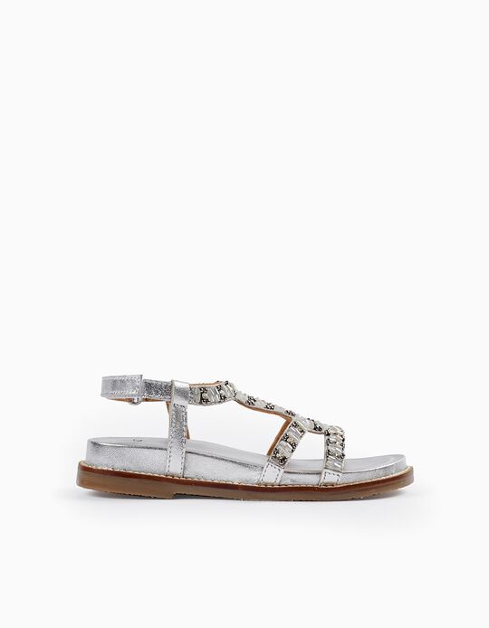 Buy Online Leather Sandals with Beads for Girls, Silver