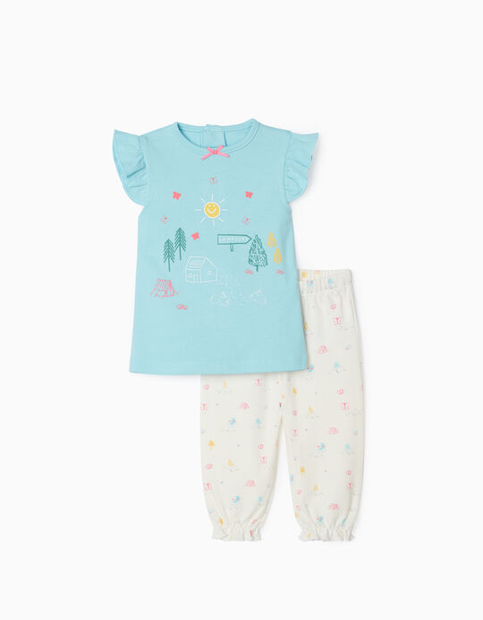 Pyjama Sans Manches Bébé Fille 'Camping', Bleu/Blanc