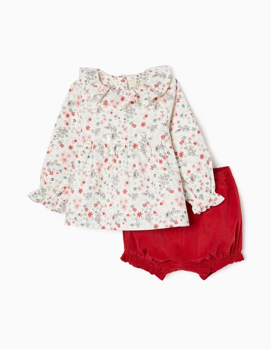Conjunto Blusa + Shorts de Pana para Bebé Niña, Blanco/Flores