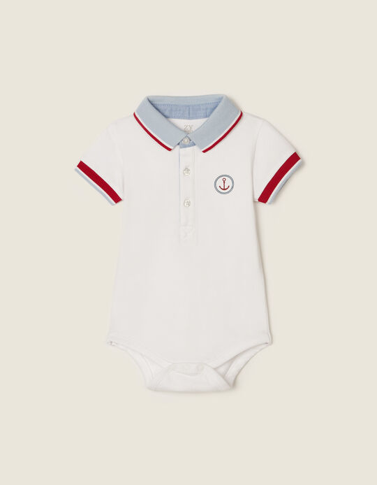 Polo-Bodysuit for Newborn Baby Boys 'The Sea', White