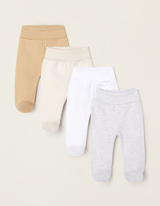 4-Pack Plain Cotton Footed Trousers for Babies, White/Beige/Grey