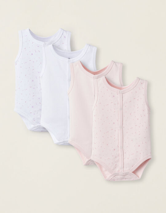 Pack of 4 Sleeveless Bodysuits for Newborn Girls 'Star', White/Pink