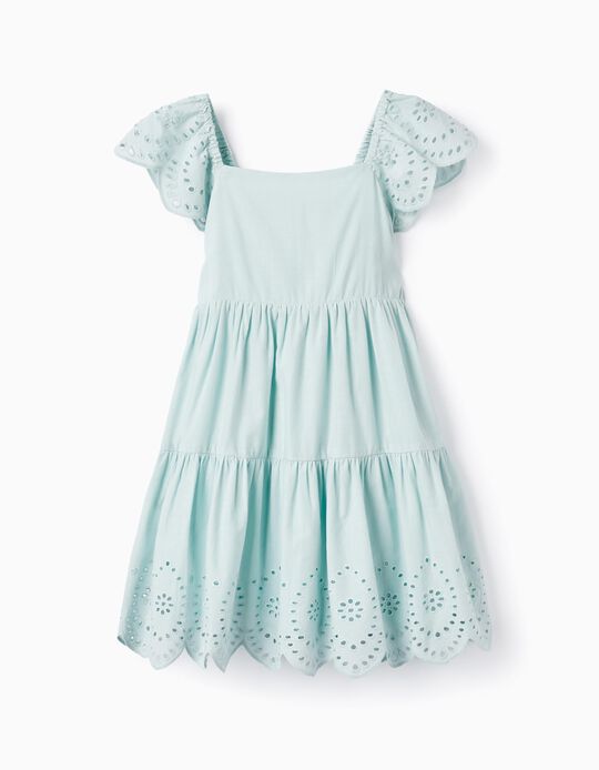 Cotton Dress with English Embroidery for Girls, Aqua Green