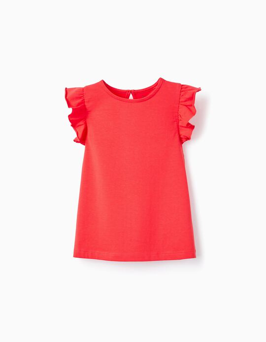 T-shirt de Algodão com Folhos para Menina, Vermelho