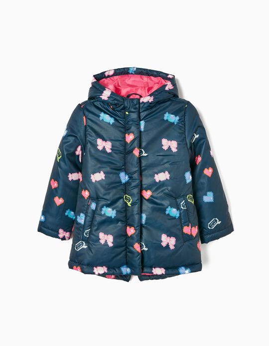 Quilted Jacket with Hood for Girls, Dark Blue/Pink