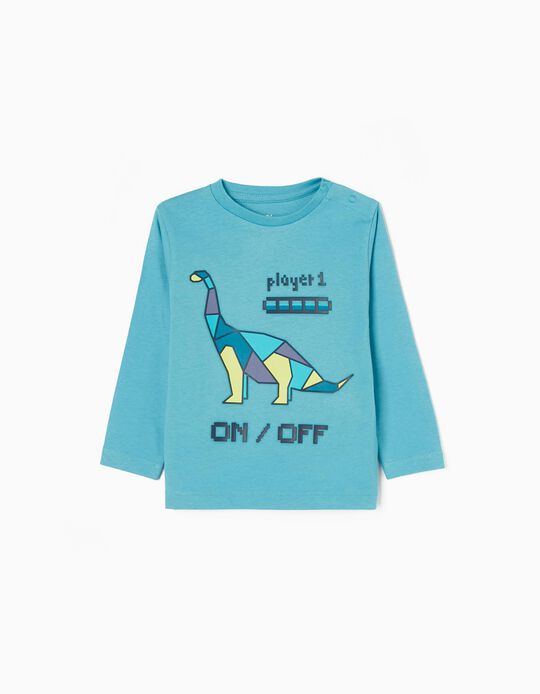 Camiseta de Manga Larga 100% Algodón para Bebé Niño 'Dino', Azul