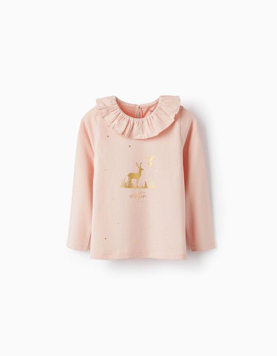 Cotton T-Shirt with Ruffled Collar for Girl 'Winter Dreams', Pink
