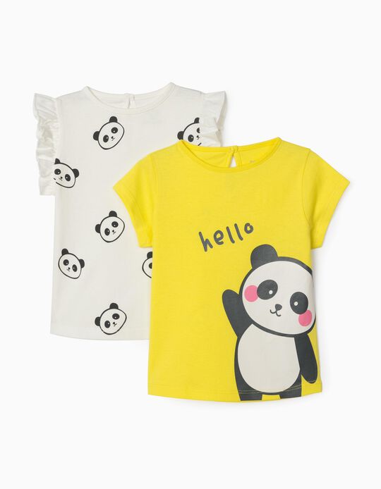2 T-Shirts for Baby Girls 'Panda', White/Yellow