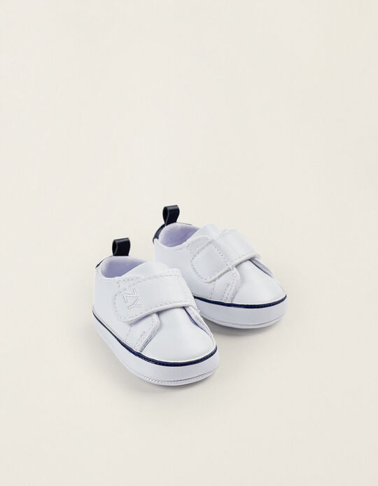 Synthetic Leather Trainers for Newborn Boys, White