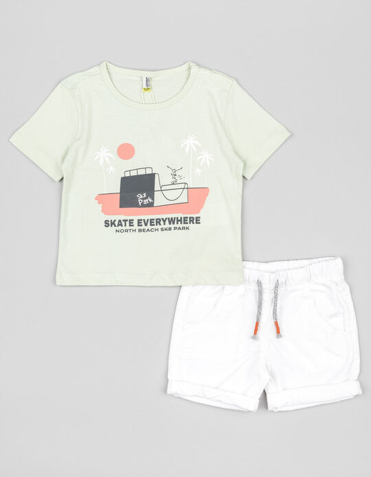 Comprar Online T-shirt + Calções para Recém-Nascido 'Skate', Branco/Verde-Claro