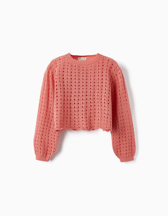 Cotton Knitted Sweater for Girls, Salmon