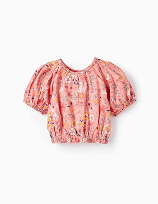 Camiseta en Estilo Cropped con Estampado Floral para Niña, Rosa