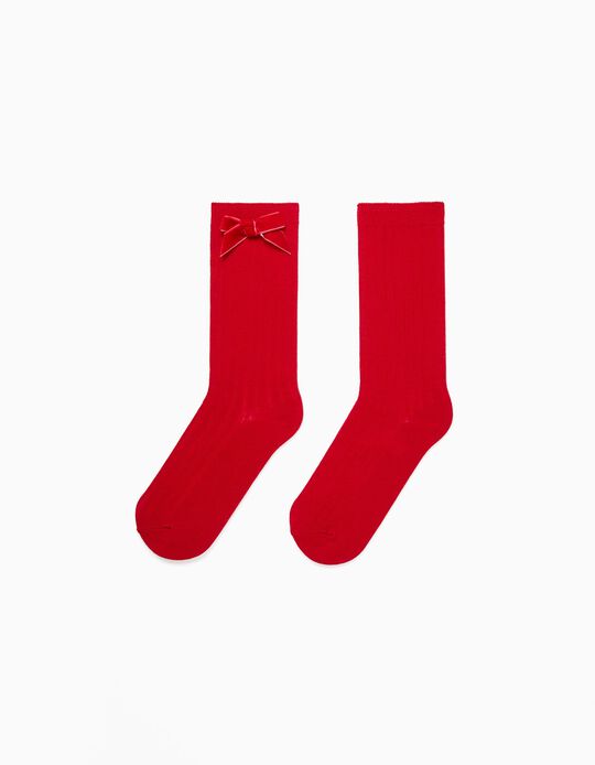 Knee-High Socks with Velvet Bow for Girls, Red