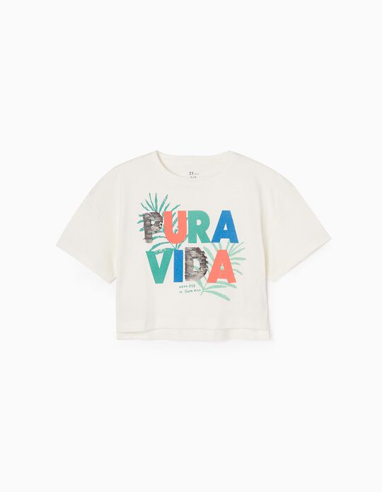 Cotton T-shirt with Sequins for Girls 'Pura Vida', White