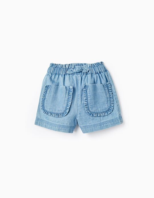 Cotton Denim Shorts with Ruffles for Baby Girls, Light Blue