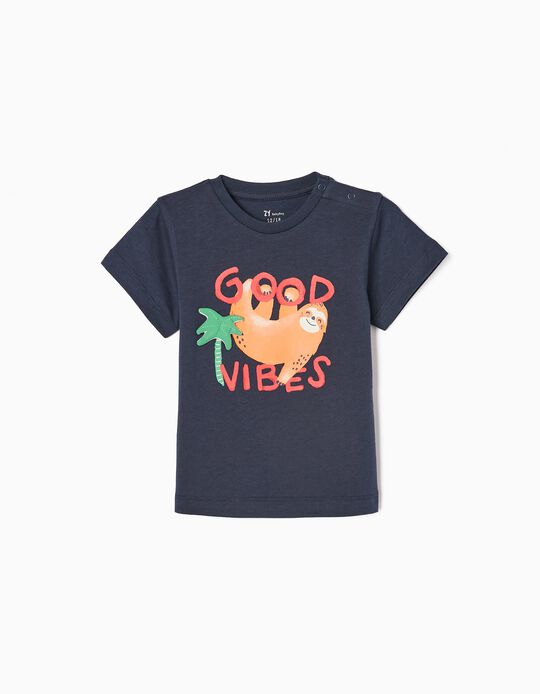T-shirt en Coton Imprimé Bébé Garçon 'Good Vibes', Bleu Foncé