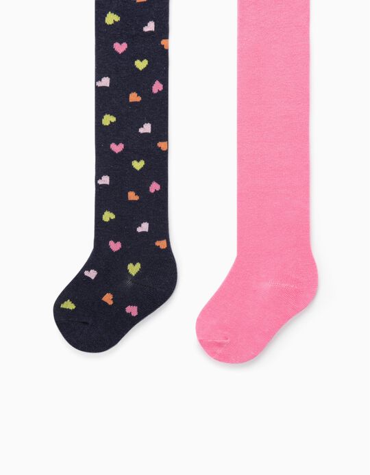 2 Tights for Baby Girls 'Hearts', Pink/Dark Blue
