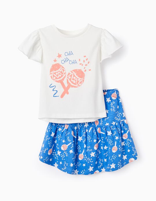 Comprar Online T-shirt + Saia de Algodão para Menina 'Cha Cha Cha', Branco/Azul