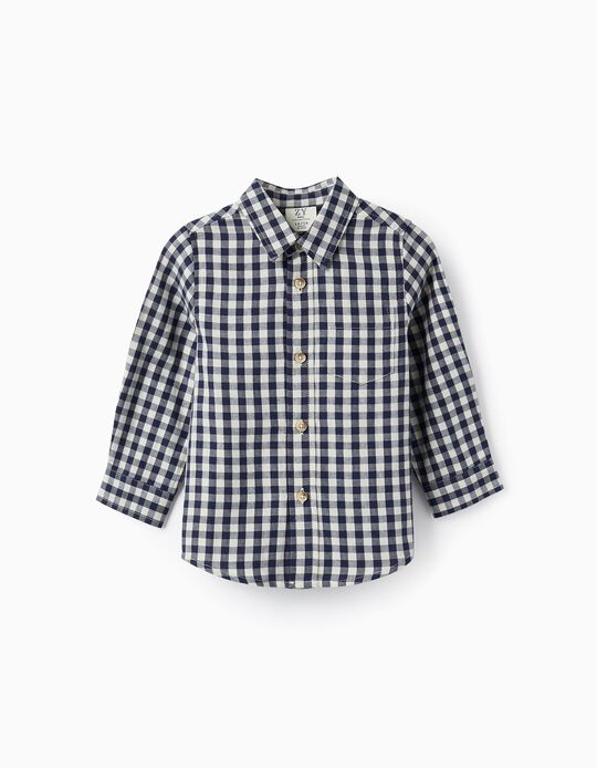 Checkered Cotton Shirt for Baby Boys, Dark Blue/White