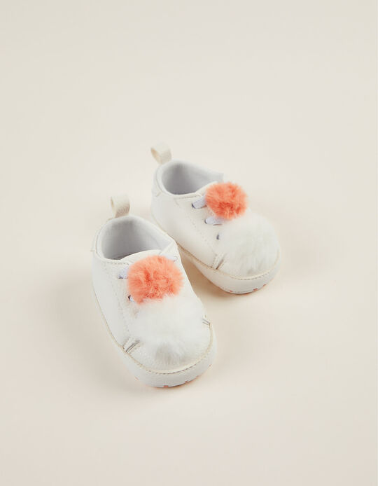 Zapatillas con Pompones para Recién Nacida, Blancas/Coral