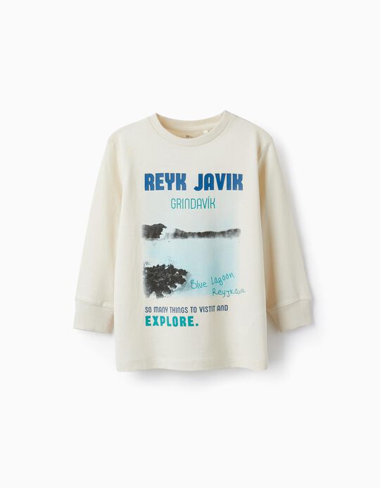 Cotton Jersey T-Shirt for Boys 'Explore', Light Beige