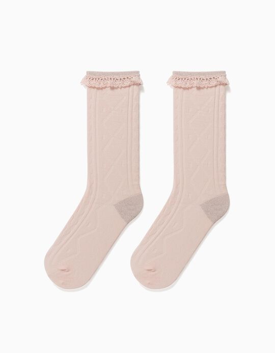 Knee High Socks with Lace for Girls, Light Pink