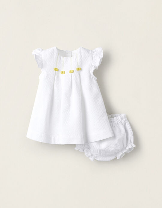 Cotton Dress + Bloomers for Newborn Girls, White