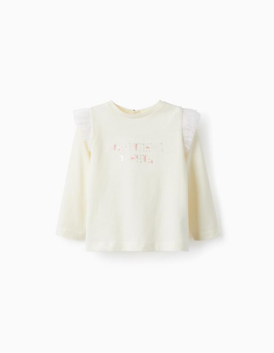 T-Shirt de Manga Comprida de Algodão com Lantejoulas para Bebé Menina, Branco