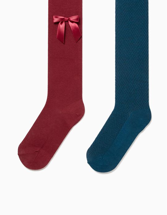 2 Collants en Maille Fille, Rouge/Bleu