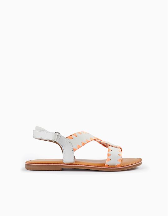 Leather Sandals for Girls, White/Orange
