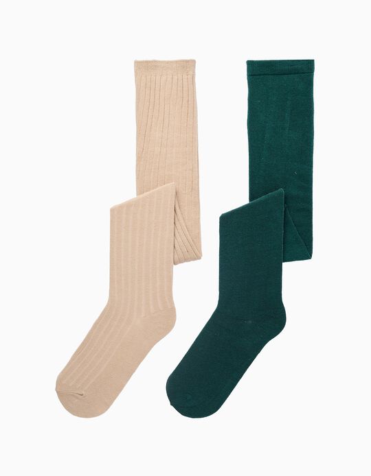 Comprar Online Pack 2 Collants Liso/Canelado para Menina, Bege/Verde