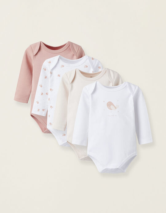 Pack of 4 Bodysuits for Baby and Newborn Girls 'Birds', White/Pink