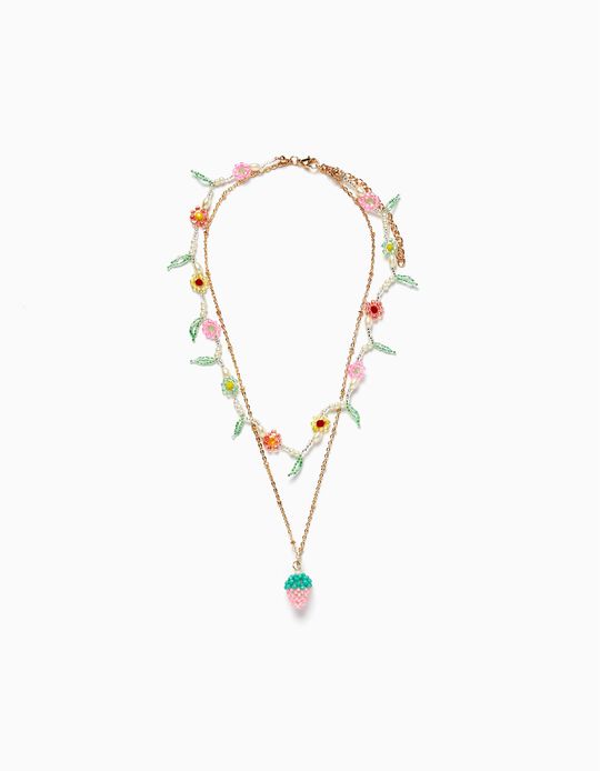 Set of Necklaces with Beads for Girls, Pink/Green/Golden