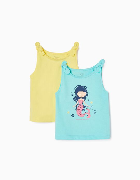 Pack 2 Camisetas de Algodón para Bebé Niña 'Sirena', Amarillo/Azul Claro
