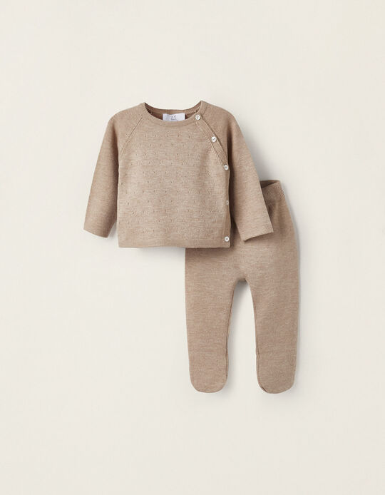 Set with Cashmere Sweater + Trousers with Feet for Newborn Boys, Brown