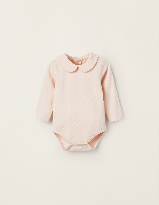 Polka Dot Cotton Jersey Bodysuit for Newborn Girls, Light Pink