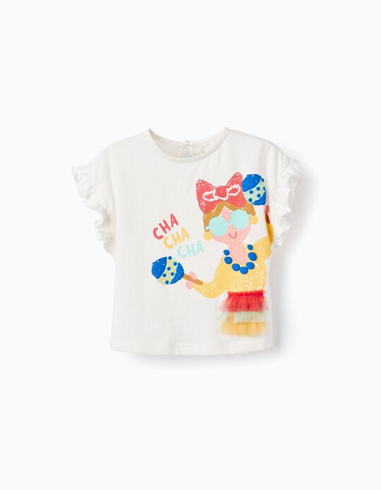 Comprar Online T-shirt De Algodão com Folhos para Bebé Menina 'Cha Cha Cha', Branco