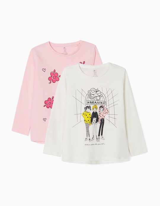 2 T-Shirts Manches Longues Fille 'Posing', Blanc/Rose