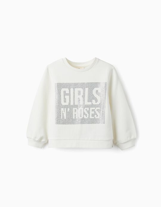 Cotton Sweatshirt with Sparkles for Girls 'Girls N' Roses', White