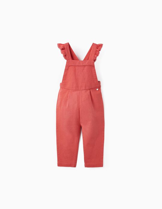 Linen and Cotton Jumpsuit with Ruffles and Lace for Baby Girls, Dark Pink