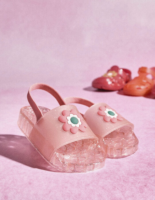 Sandálias em Borracha com Purpurinas para Bebé Menina 'Flor', Rosa