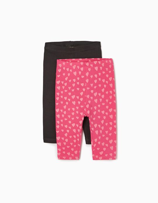 2 Capri Leggings for Baby Girls 'Hearts', Pink/Dark Grey