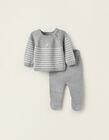 Sweatshirt + Trousers with Feet in Knit for Newborn Boys, White/Grey