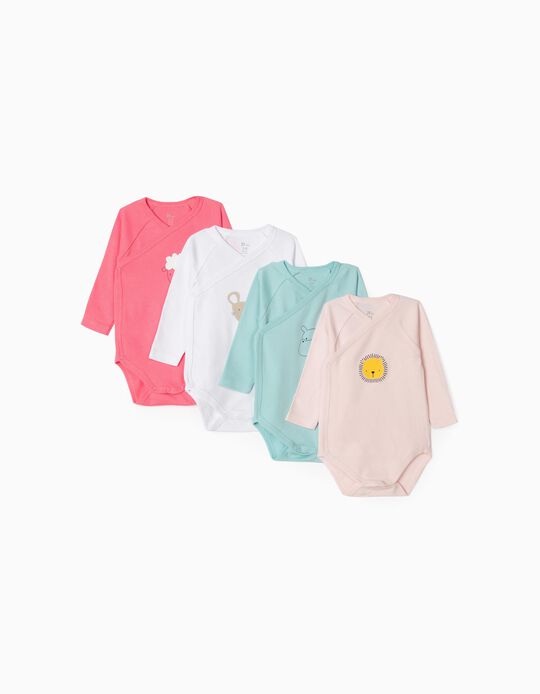 4 Long Sleeve Bodysuits for Baby Girls 'Animals', Multicoloured