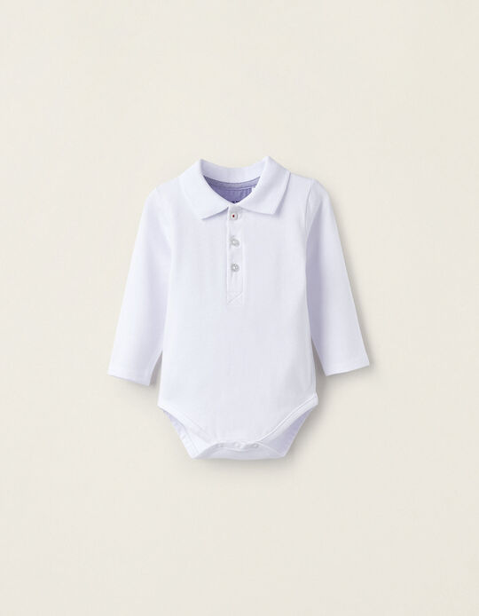 Cotton Polo Bodysuit for Newborn Boys, White/Dark Blue